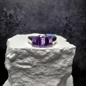 3-Stone Natural Purple Amethyst Ring 925 Sterling Silver Emerald Cut Size 8